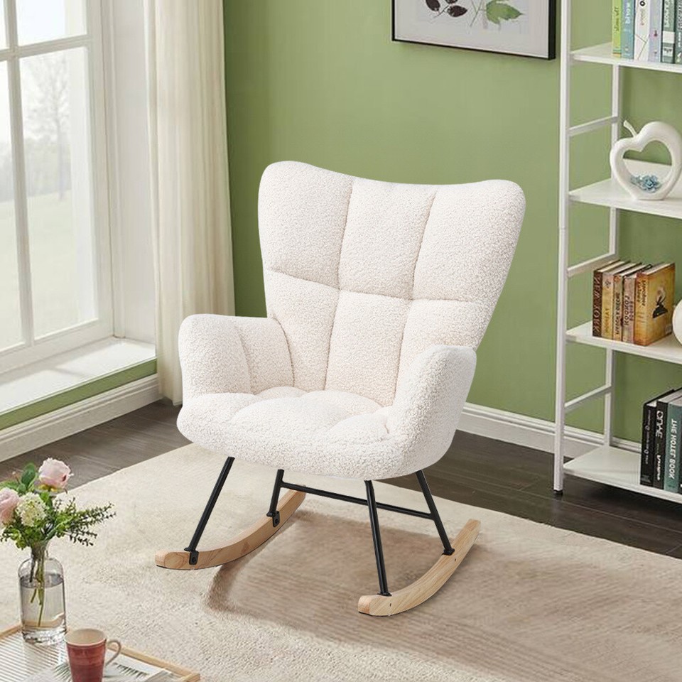 Sherpa Rocking Chair Solid Wood Leg Rocker Armchair Recliner Living ...