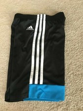 Youth small 5 ADIDAS Soccer athletic shorts black white 3 stripe blue trim