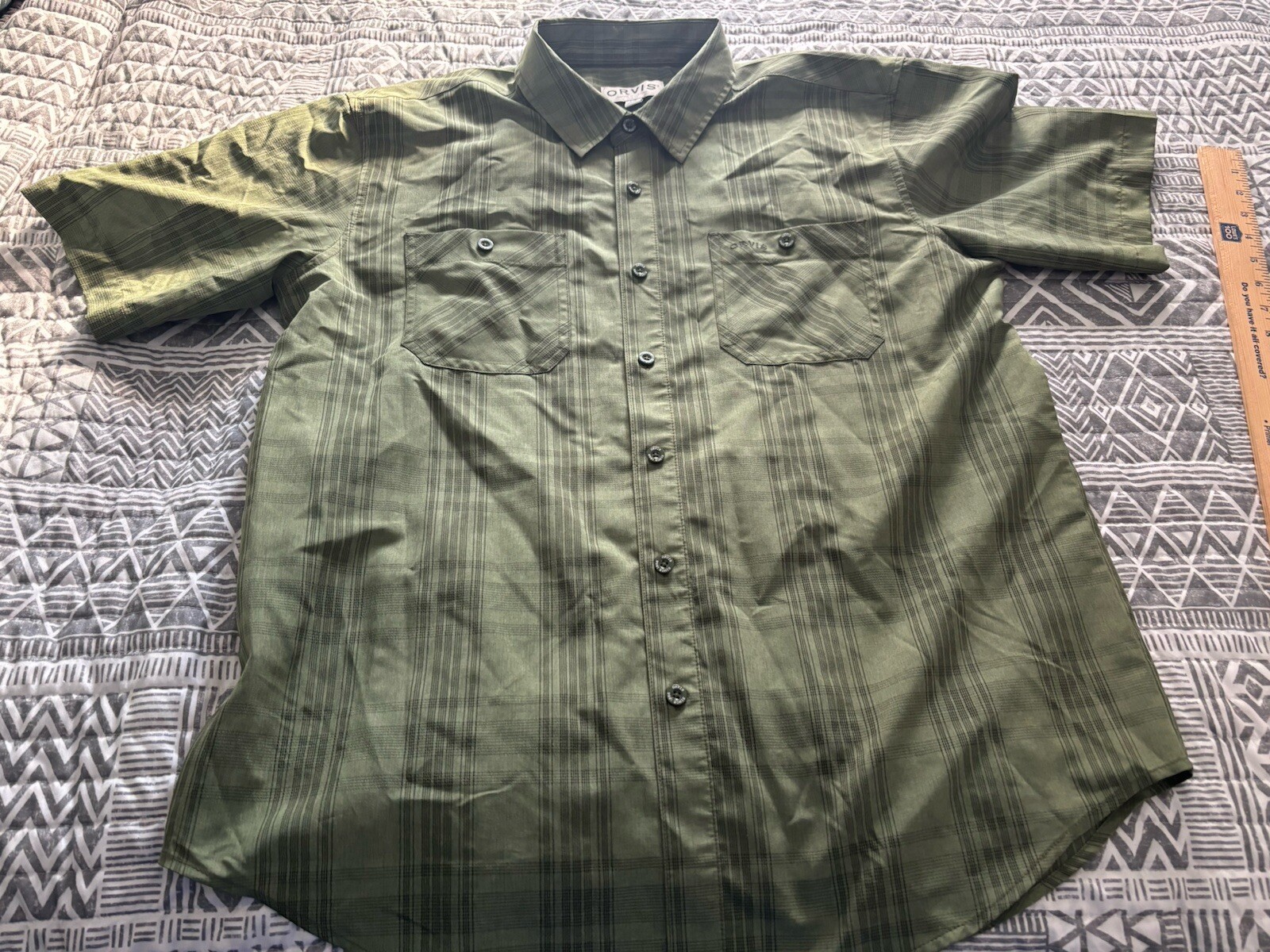 Orvis Mens Large Green Plaid Tech Button Up Shirt for Hiking and Camping