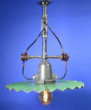 Vtg 1920s Green Porcelain Street Light ceiling chandelier industrial radial wave