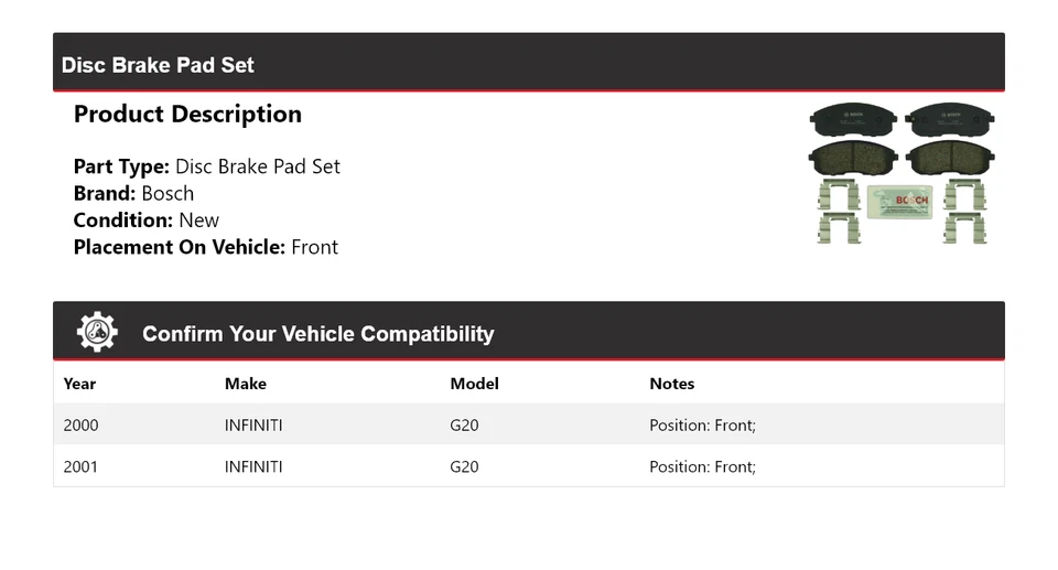 Pastillas de freno delanteras de cerámica QuietCast Bosch 2000-2001 INFINITI G20 Foto 2 de 3