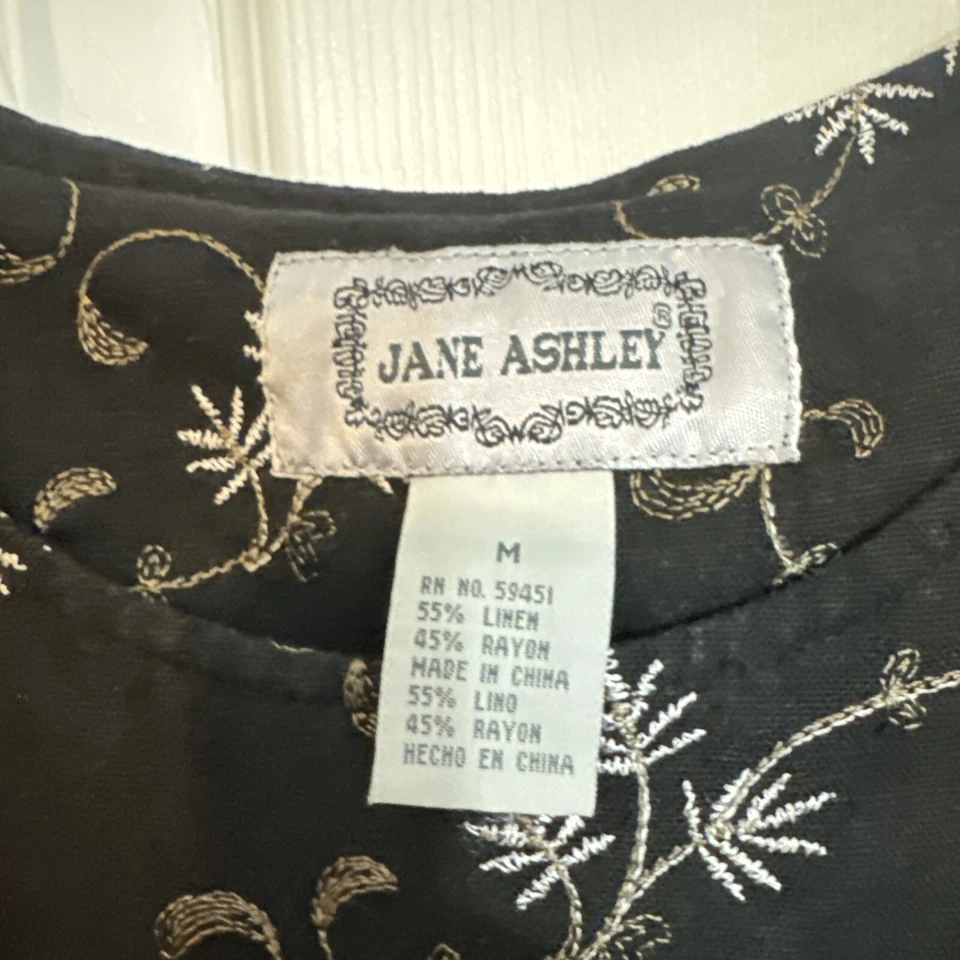 Vestido midi sin mangas bordado de lino negro M Jane Ashley para mujer Foto 3 de 4