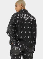 Playboy Players Denim Jacket S Black Printed All Over Long Sleeve Button Front