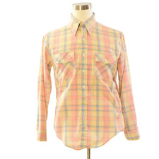 70s JCPenney Disco Western Shirt Mens L Plaid Butterfly Collar Peach Yellow Blue