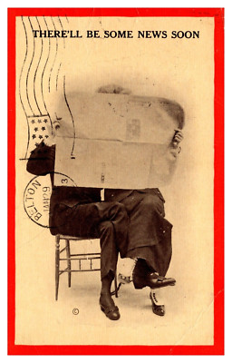 postcard Humor There'll Be Some News Soon 2 people on a stool with paper A4420