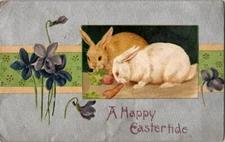 Vintage Antique Postcard Easter Blessings Rabbits Munching Carrots Art P01