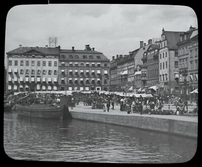 ANTIKES magisches Laternendia STOCKHOLMER MAISMARKT UM 1900 FOTO SCHWEDEN