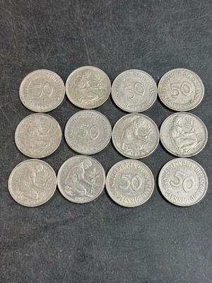12 Germany 50 Pfennig Coins - German Uncommon Coin Lot- 12 X .50 DEM Vintage 