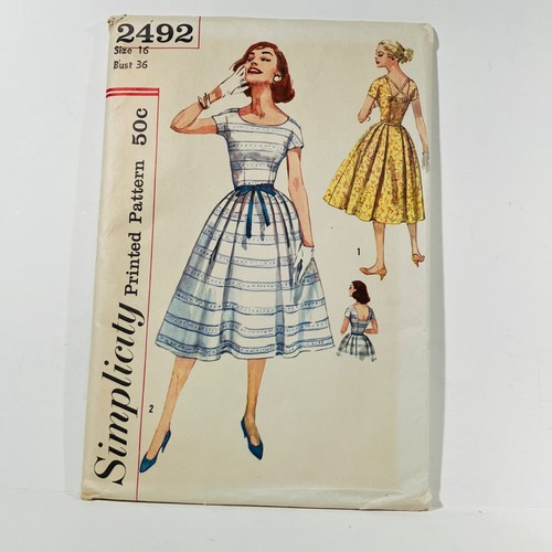 1950s Simplicity 2492 Full Skirt Dress Vintage Sewing Pattern Size 16 Bust 36 FF