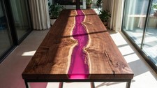 Mesa consola River de resina epoxi rosa - Mesa de acento de entrada de madera con borde vivo