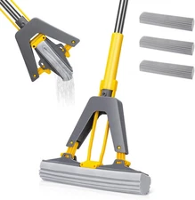 Masthome Sponge Mop with 3 Absorbent Refills, Self Squeeze Yellow and Gray 