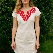 Boden Linen Sheath Dress Womens 8 White Red Blend V Neck Embroidered Preppy