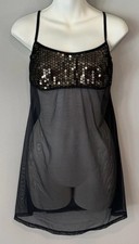 NWT VTG 2001 Victorias Secret Babydoll Chemise Lingerie L Black Mesh Sequin Gown