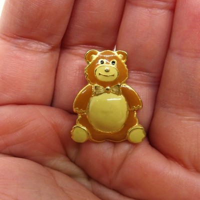 Vintage Teddy Bear Brooch Enamel Gold Tone 1'' Pin Brown Cream