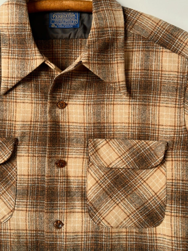 Camisa Pendleton vintage masculina "estilo prancha" 100% lã marrom macia xadrez-Grande - Imagem 2 de 4