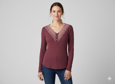 Hem & Thread Womens Lace Panel Ribbed Henley Top Medium Maroon Layers Bohemian