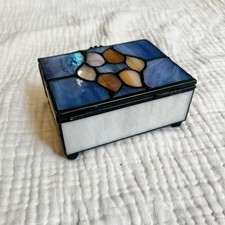Vintage Stained Glass Trinket Box w Hinged Lid 4x3 Blue White Flower