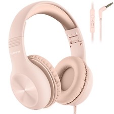 Kids Headphones MIC OverEar Cord HD Sound Safe Volume Limit Headset Sand Pink