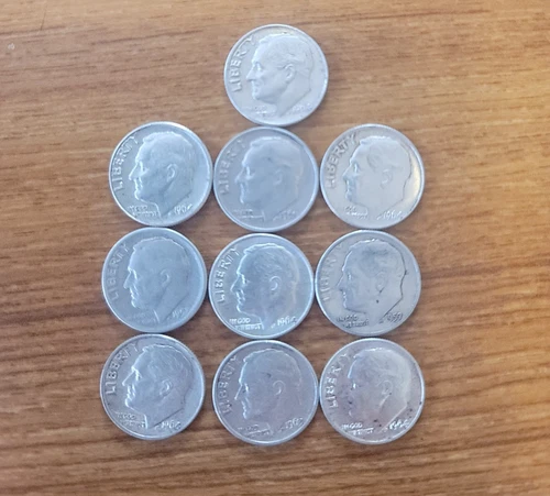 10x 1964 Roosevelt Dimes 1957 to 1964 (10 Coin Lot) - 90% Silver - Lot C