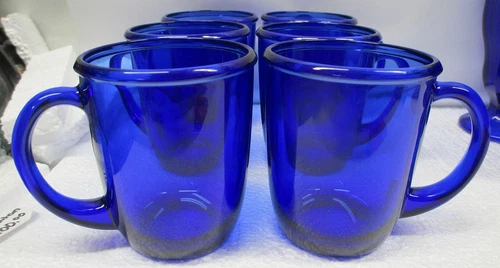 6 - Arcoroc Mugs France Cobalt Blue Rolled Rims Coffee, Teacup, 8, oz.