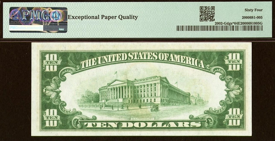 1928B $10 FRN PMG 64EPQ - Redeemable in Gold - Chicago Star - Fr 2002-Gdgs* - Image 3 of 3