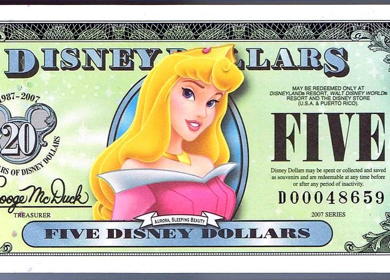 RARE 5 DIGIT 2007 D $5 D00048659 UNC Sleeping Beauty Disney WORLD Dollars Dollar