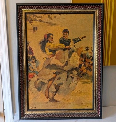 Vintage Framed Print Spanish Flamenco Dancers Mid Century 31x23 