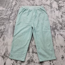 Vintage Haband Pants Womens 16 Green White Striped Seersucker Pull On Crop Capri