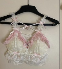 Coquette White And Pink Lace Bralette With Pink Heart Charms And Bows XL