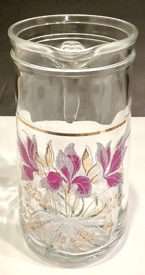 Mid Century DeVALBOR Glass Pitcher by Vintage Hand Paint w/ Iris Flowers ITALY