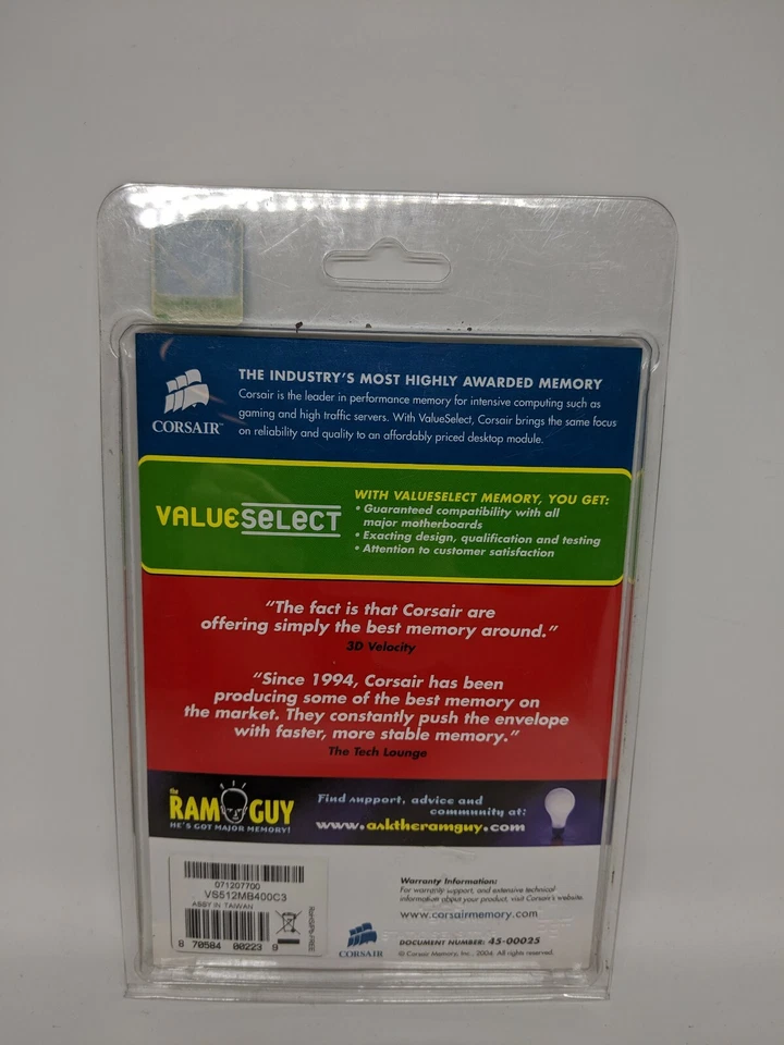 Corsair VS512MB400C3 512MB DDR PC3200 CL=3 non-ECC DDR400 2.6V 64Meg x 64 NEW - Image 3 of 4