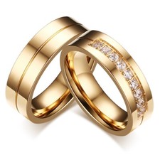 6mm Couple Lover Rings Set  Stainless Steel Gold Wedding Bands Promise Ring