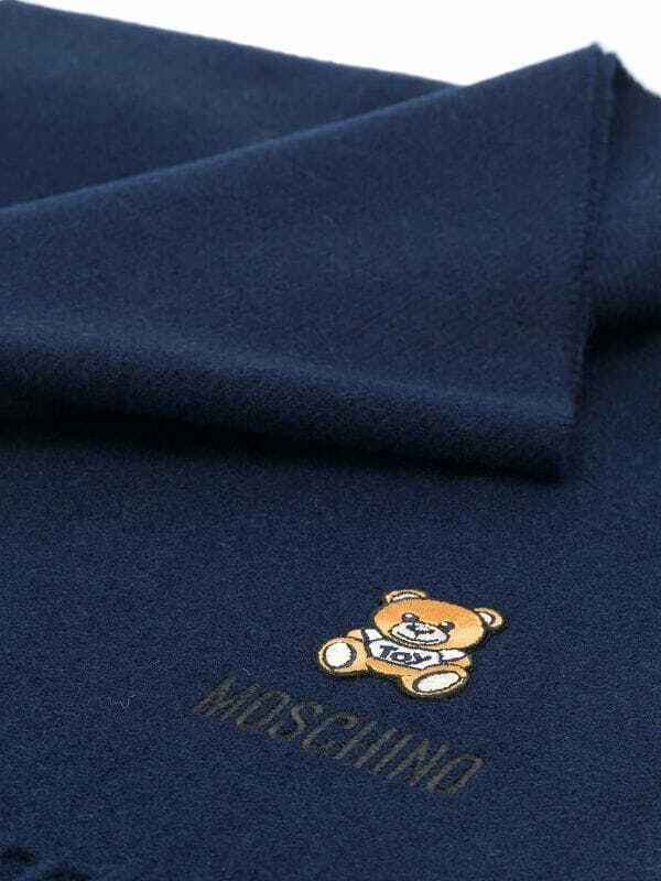 Moschino Teddy Bear Designer 100% Merino Wool Scarf Navy Blue Made In Italy - Image 3 of 4