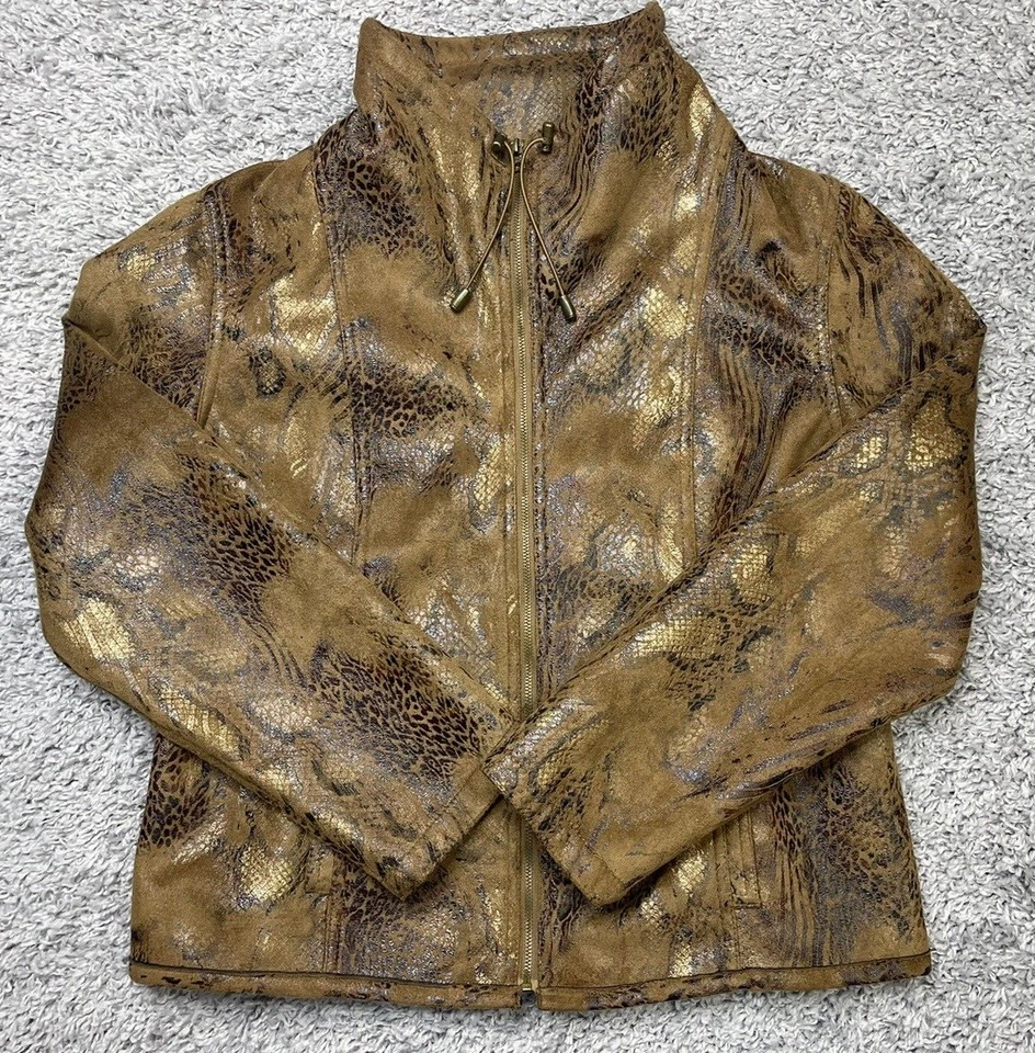 Ruby Rd. Women Brown Gold Black Faux Snakeskin Graphic VTG Bomber Jacket  14. - Image 4 of 4