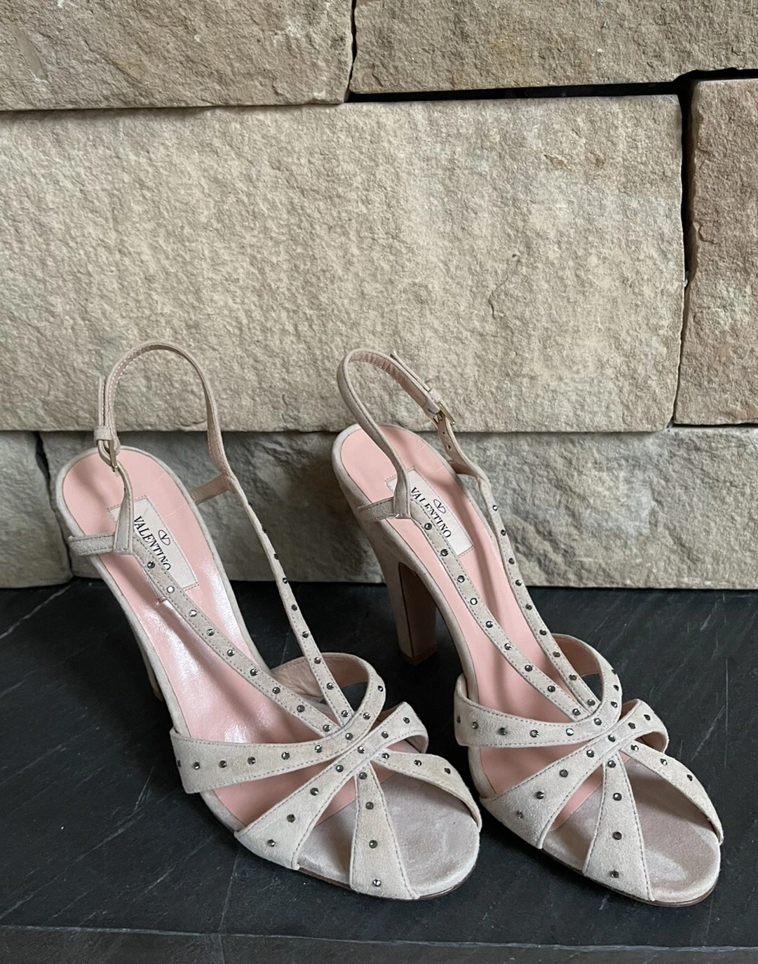 Nuovi sandali Slingback VALENTINO GARAVANI beige pelle scamosciata cinturino cristallo rockstud 40