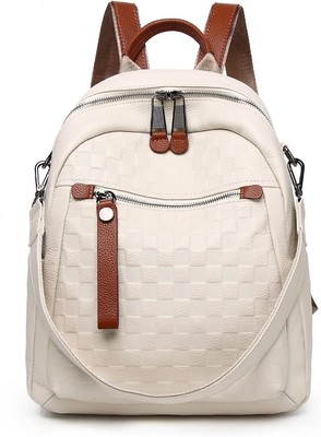 Genuine Leather Backpack Purse For Women Beige Real Soft Beige-checkered 