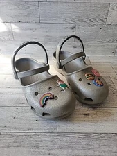 Crocs Classic Silver Glitter Clog Kids Size C13 Pepe Pig Charms Girls Preowned 