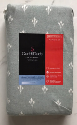 Cuddl Duds Heavyweight Flannel Standard/Queen PILLOWCASES Set SAGE  FOULARD New