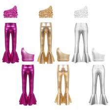 Kids Girls Costume Hip Hop Set Pants Outfits Ballroom Sequins Ruffle Hem Shiny