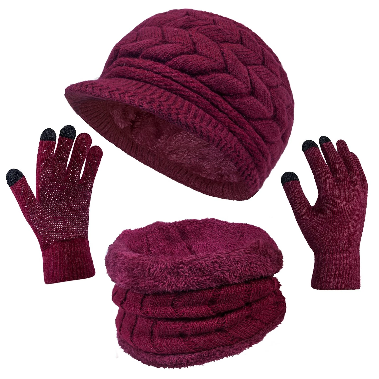 3-Pieces Winter Hat Gloves Scarf Set, Knit Warm Beanie Hat Neck Warmer Touch ...