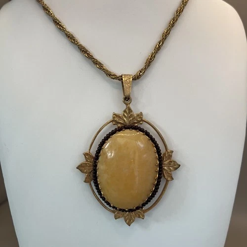 Vintage Miriam Haskell Signed Gold Tone Rope Chain Yellow Oval Pendant