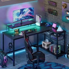 GAMING COMPUTER DESK 52" w/LED Lights L Shaped with Power Outlet & Monitor Stand