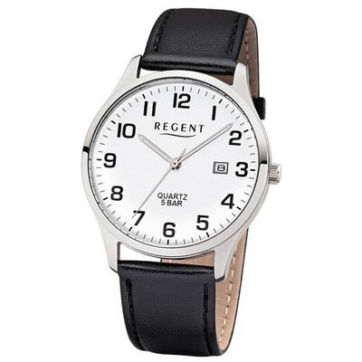 Regent Herren-Armbanduhr schwarz Analog F-1241 Leder-Armband UR1113405