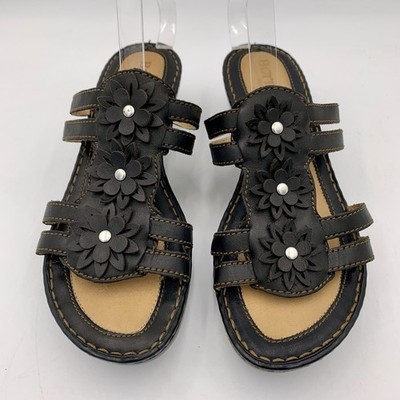 Born Leather Black Sandals 9M Flower 3D Cut Out Slip On Wedge Summer Boho EUC