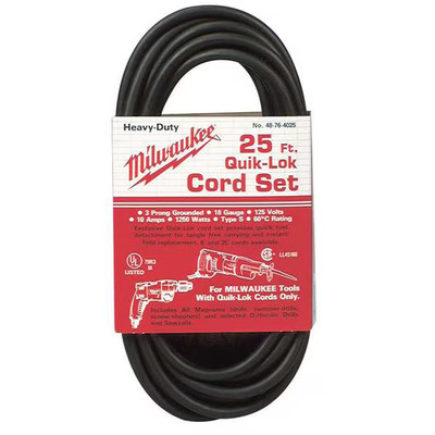 Milwaukee Extension Power Cord 25 Ft 3 Wire Quik Lok Rubber Heavy Duty 125V