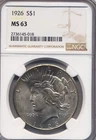 Very Nice 1926  Peace Dollar ANACS Graded MS 63