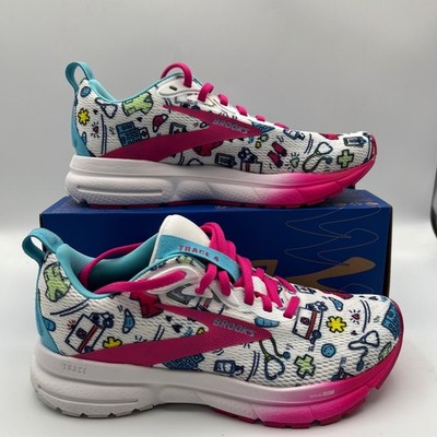 Brooks Trace 4 Running Shoes Womens 5 Wide White Pink Medical Print Sneakers