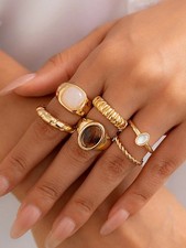 Gold 9-Piece Vintage Minimalist Ring Set With Tiger Eye Pearl Moonstone