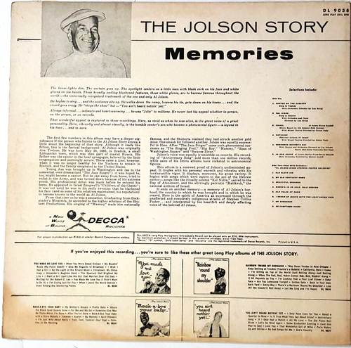 Vintage 1958 Al Jolson - The Jolson Story MEMORIES (Vinyl LP 12" DECCA) Jazz - Picture 2 of 4