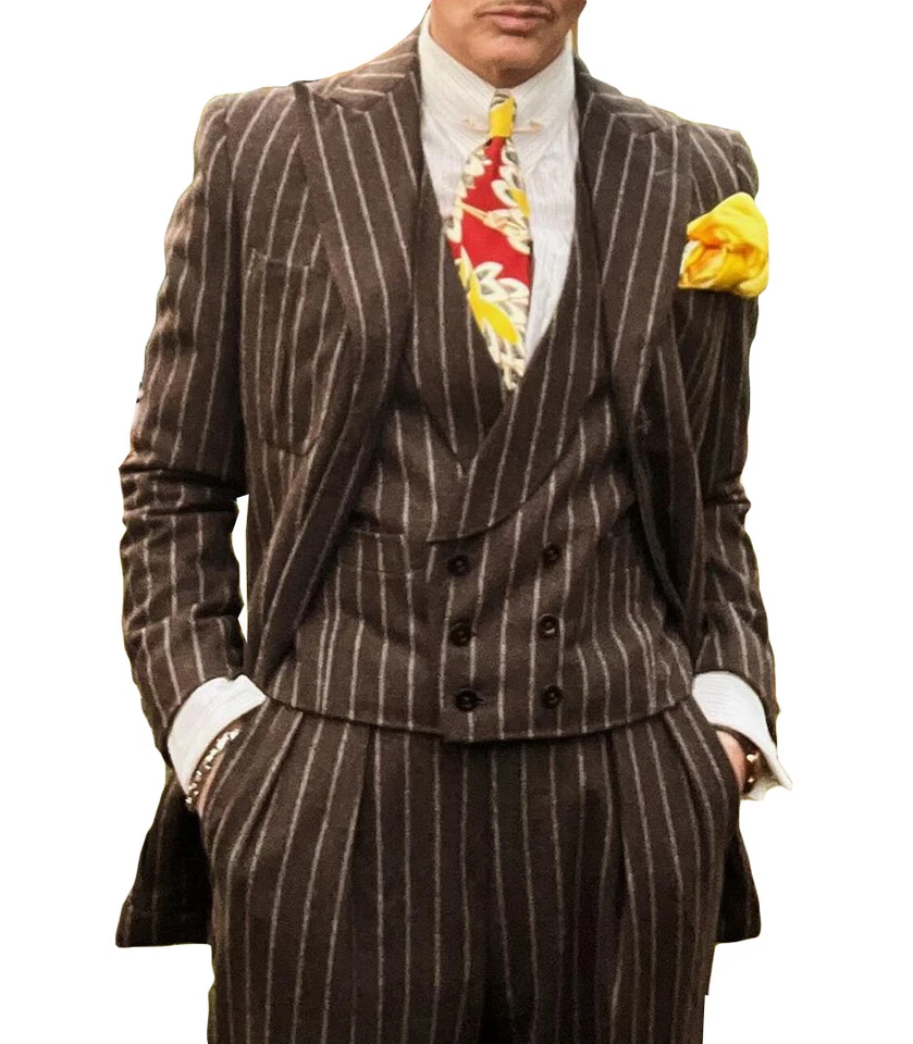 Wool Blend Striped Men's Suits Peak Lapel Single Breasted Tweed Winter Warm Wear - Image 4 of 4